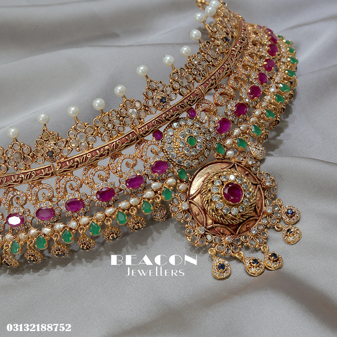 Choker Set in Ruby, Jade, Pearls and Zircons