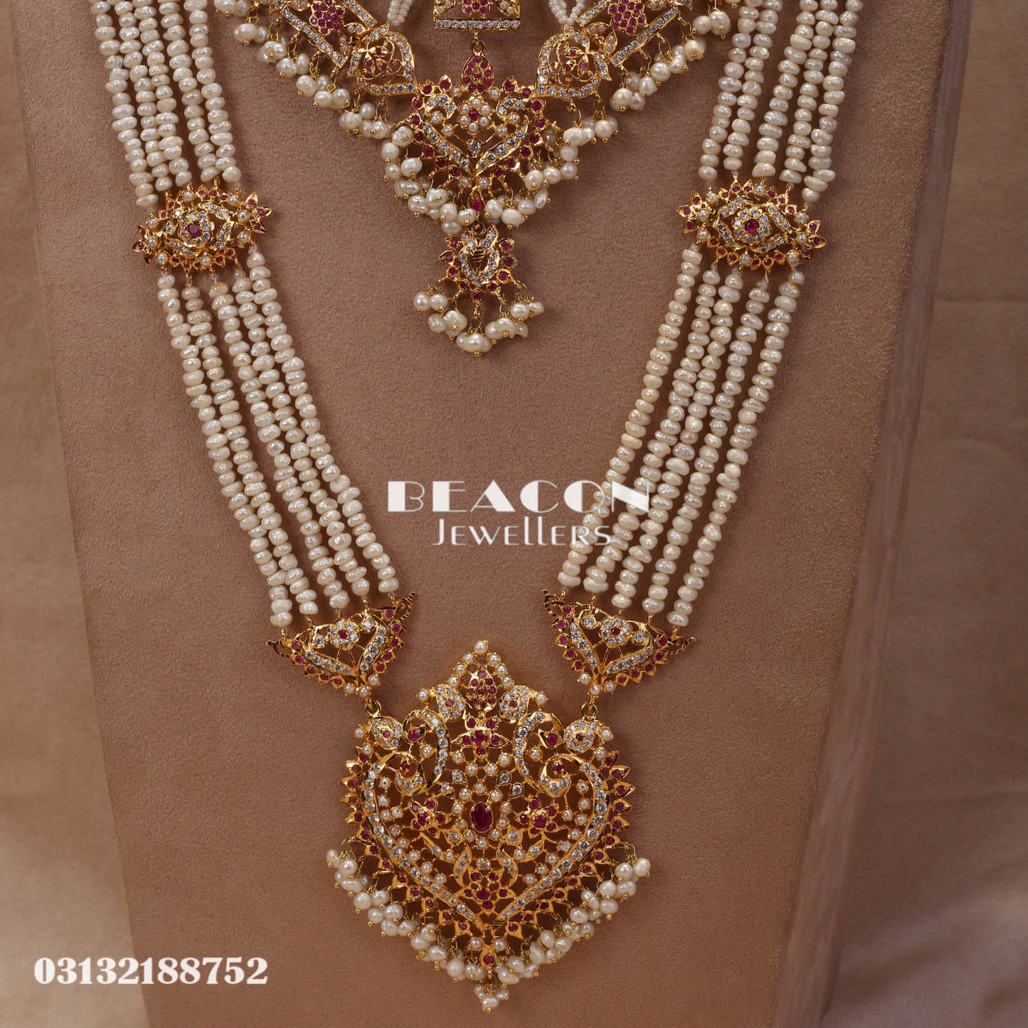 Mala Set in Ruby With Pearls and Zircons
