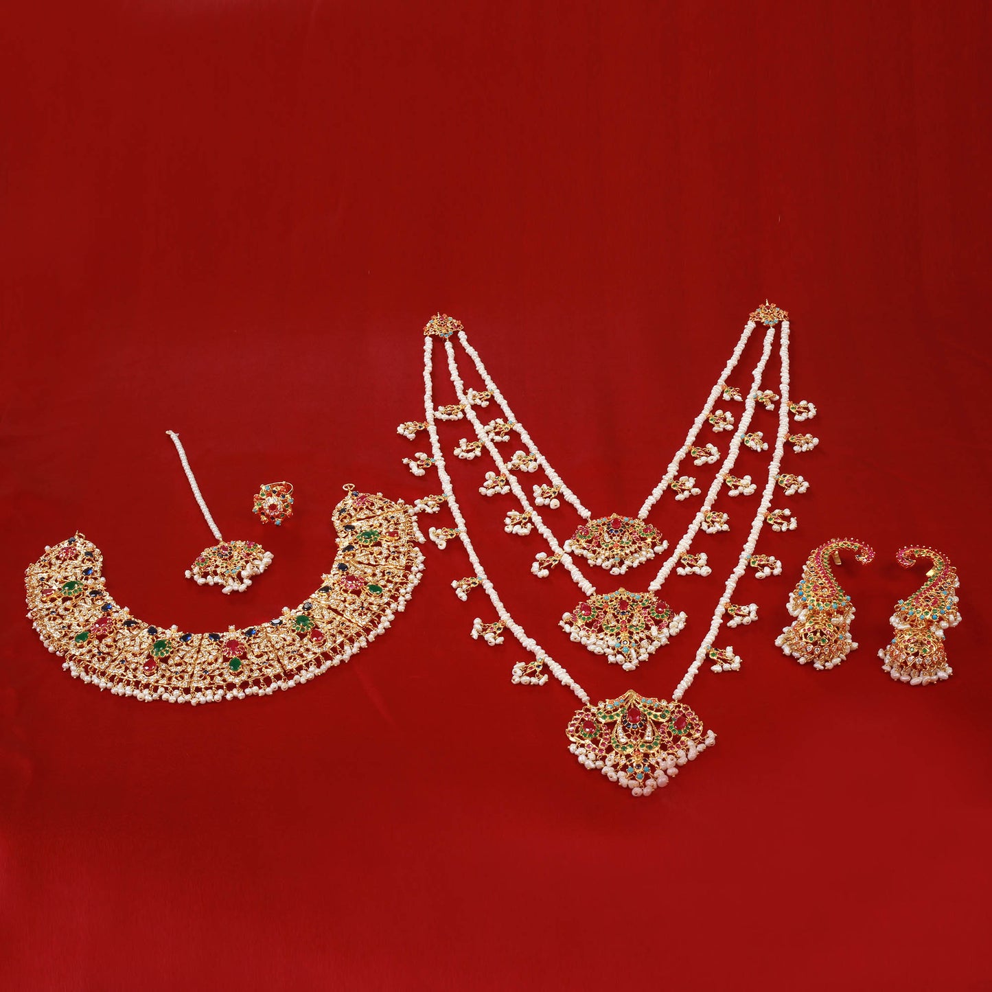 Necklace with Malla, Ring, Earrings, TIka