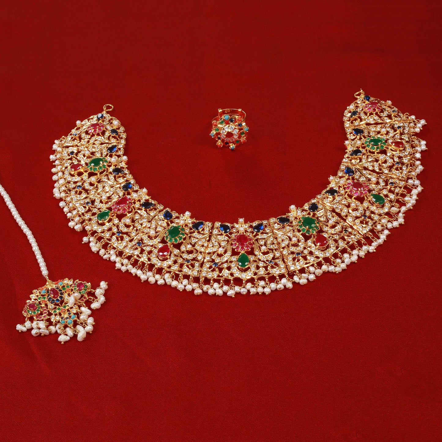 Necklace with Malla, Ring, Earrings, TIka