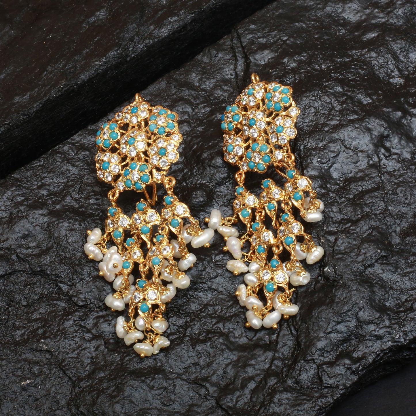 Earrings With Feroza & Real Pearls