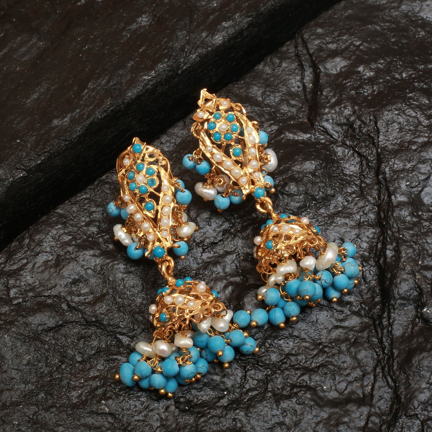 Earrings With Feroza & Real Pearls