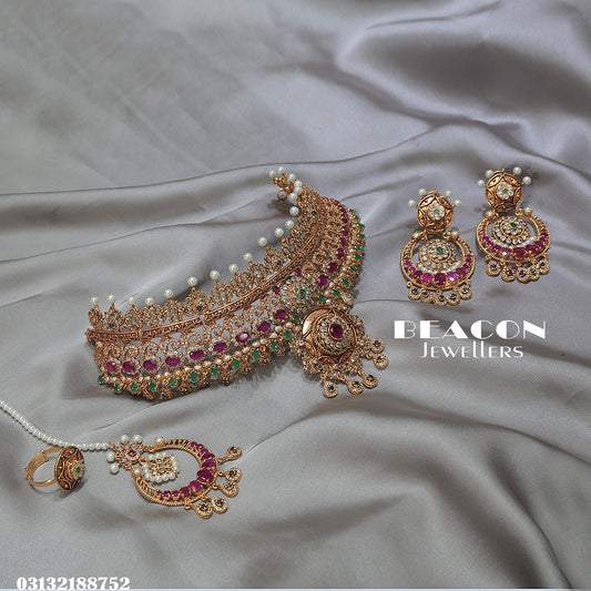 Choker Set in Ruby, Jade, Pearls and Zircons